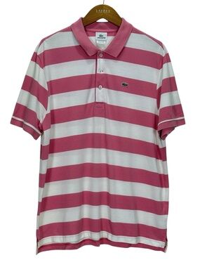 Lacoste Pink White Striped Polo Shirt Mens Size 7 Large XL Cotton Classic Fit